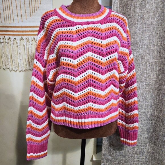 Hippie Rose Pink Colorful Chevron Sweater | Vibrant Boho Fall Essential | Size M - Picture 1 of 12